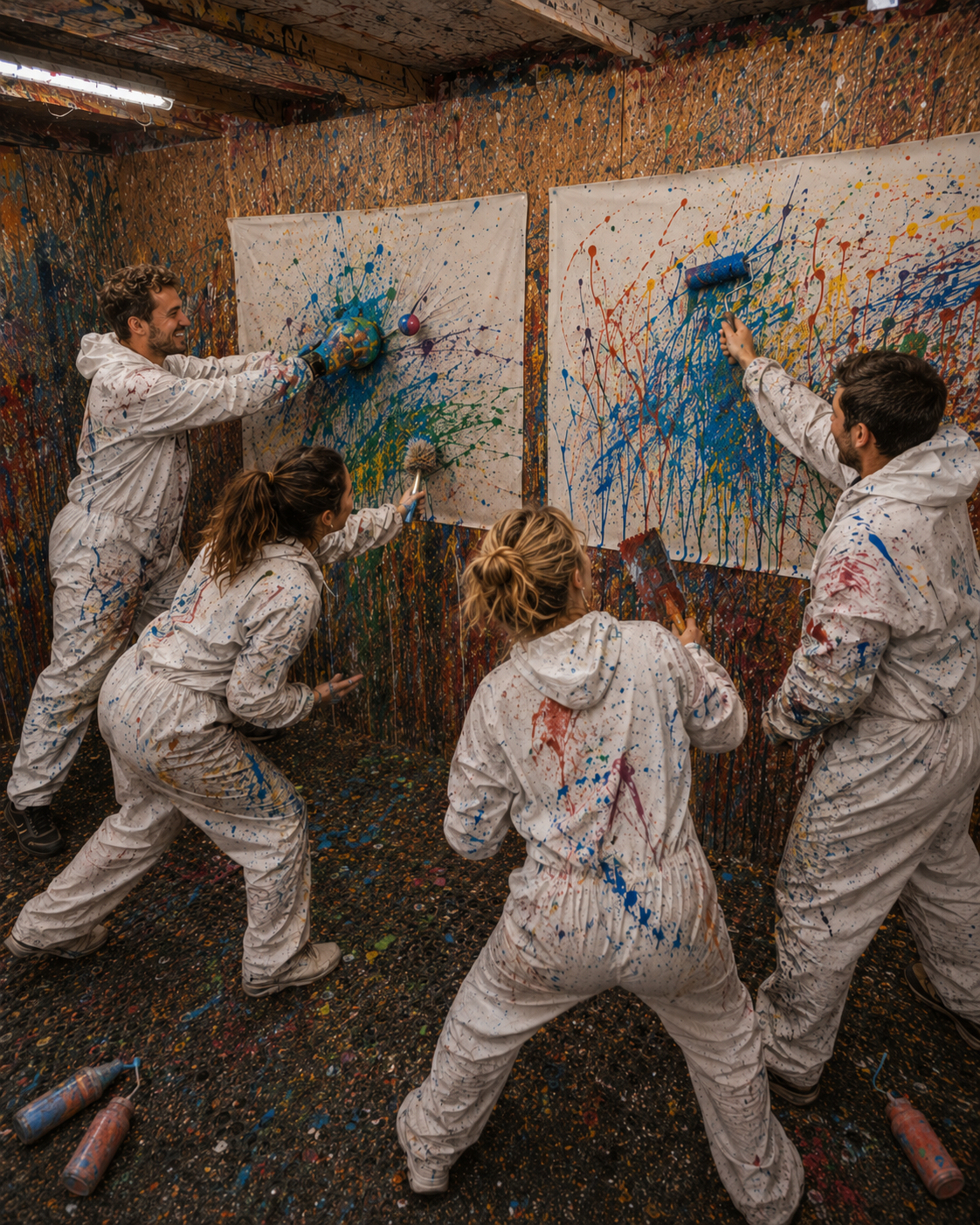 Teamevent Berlin beim gemeinsamen Action Painting mit Farbrollen und Bürsten in der Colorbox