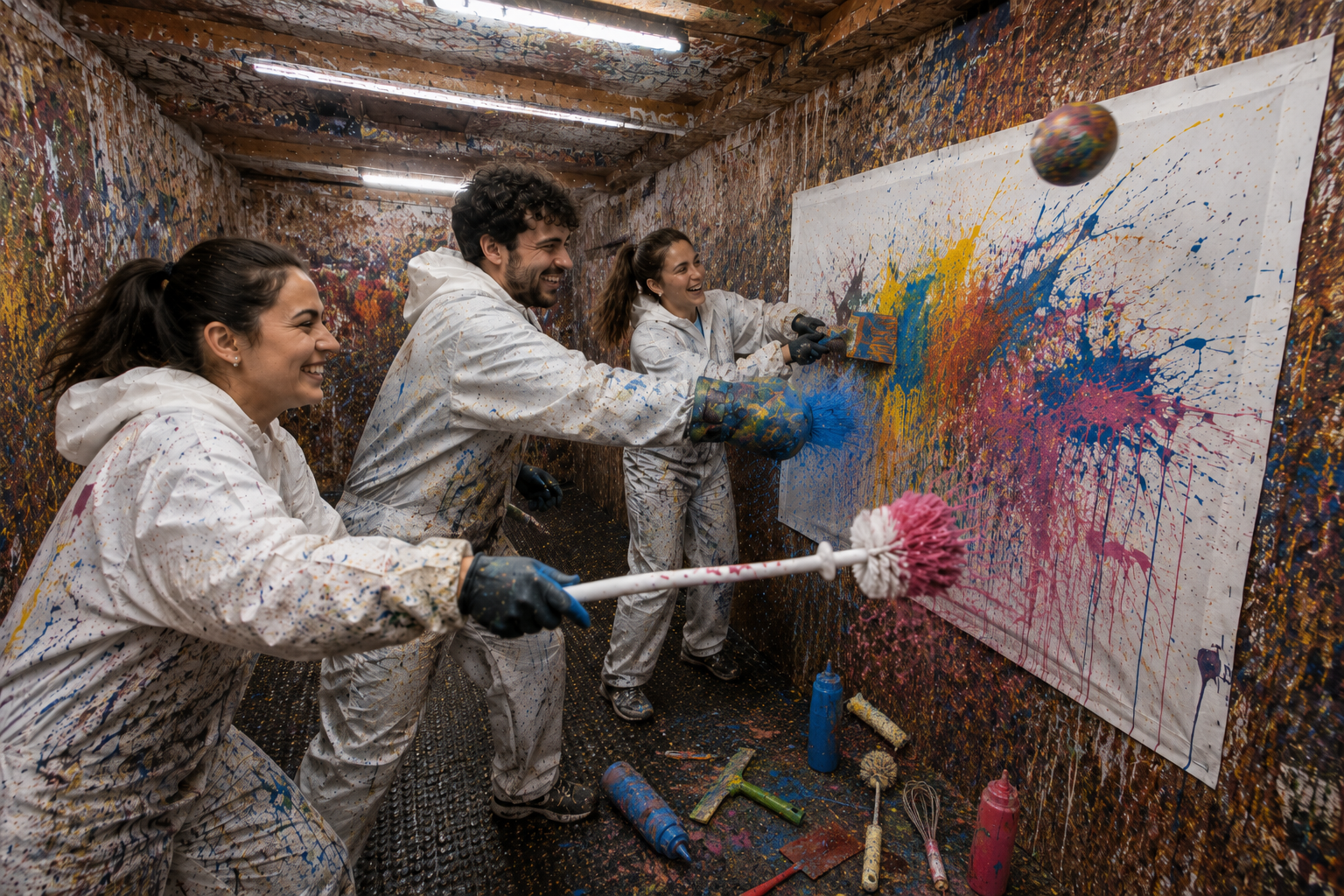 Kreatives Teamevent in Berlin beim Action Painting mit ungewöhnlichen Werkzeugen