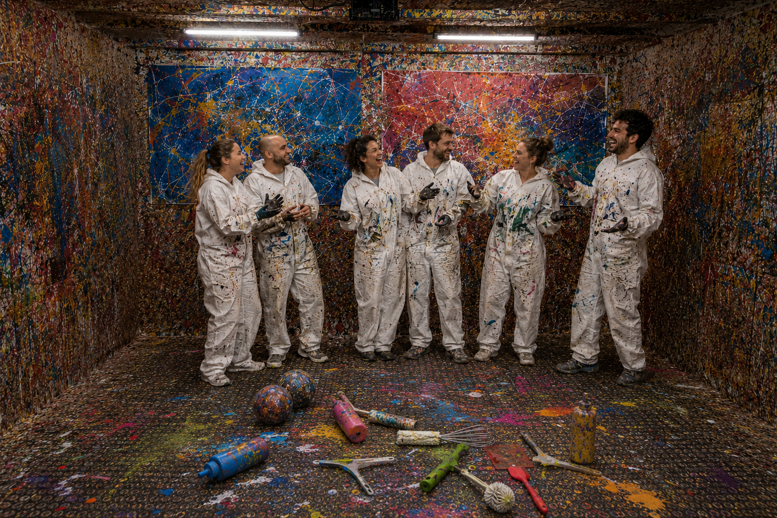Team nach dem Action Painting in Berlin vor gemeinsam gestalteten Leinwänden