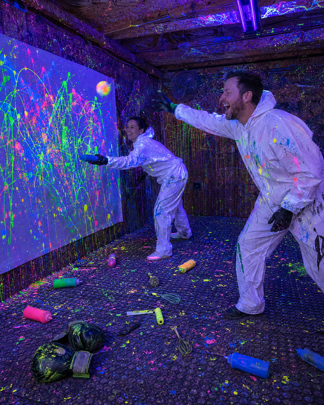 Ein Paar beim Action Painting mit UV-Farben unter Schwarzlicht in Berlin